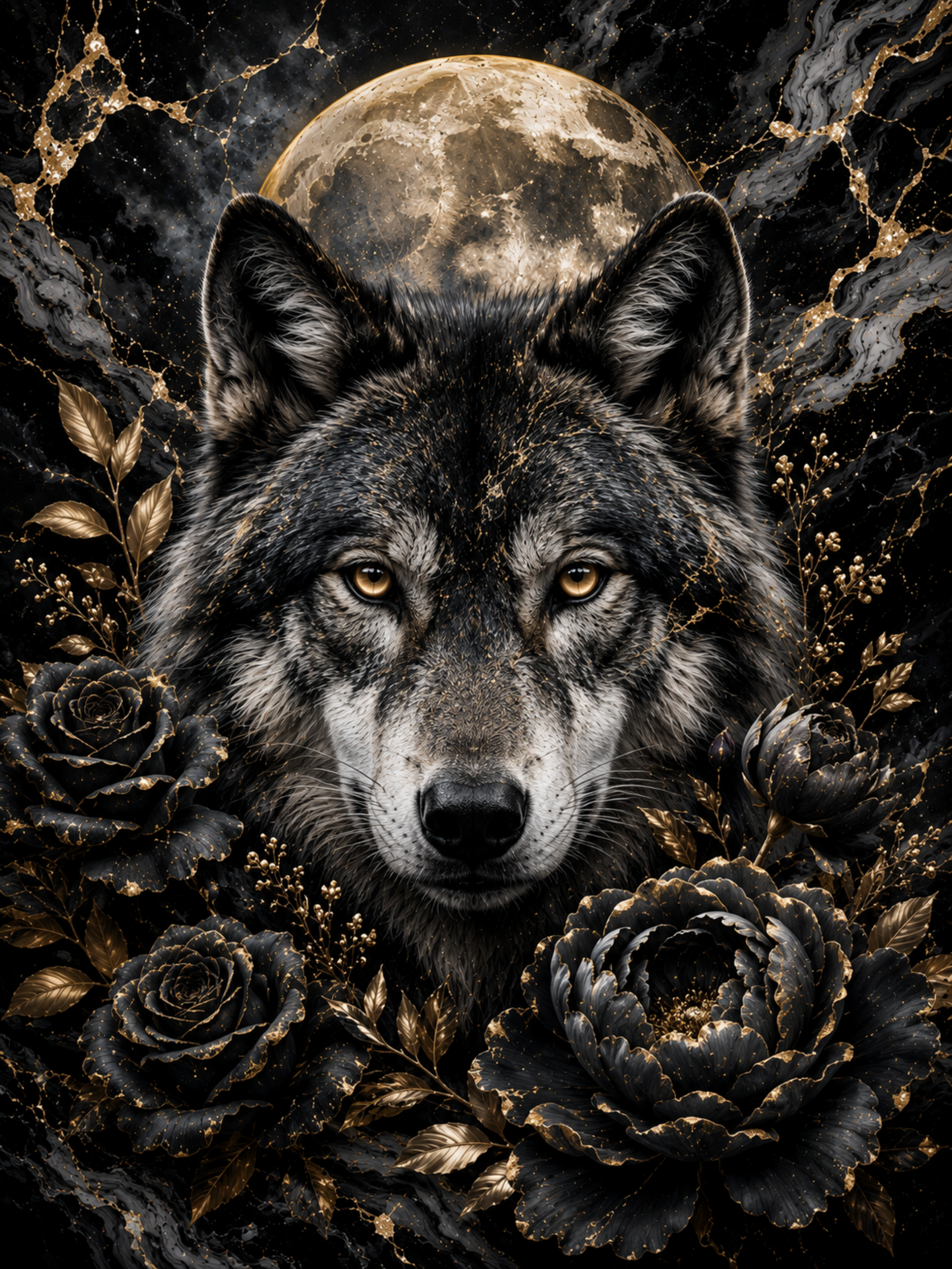 Black Moon Wolf & Gold Floral Wall Art artwork preview