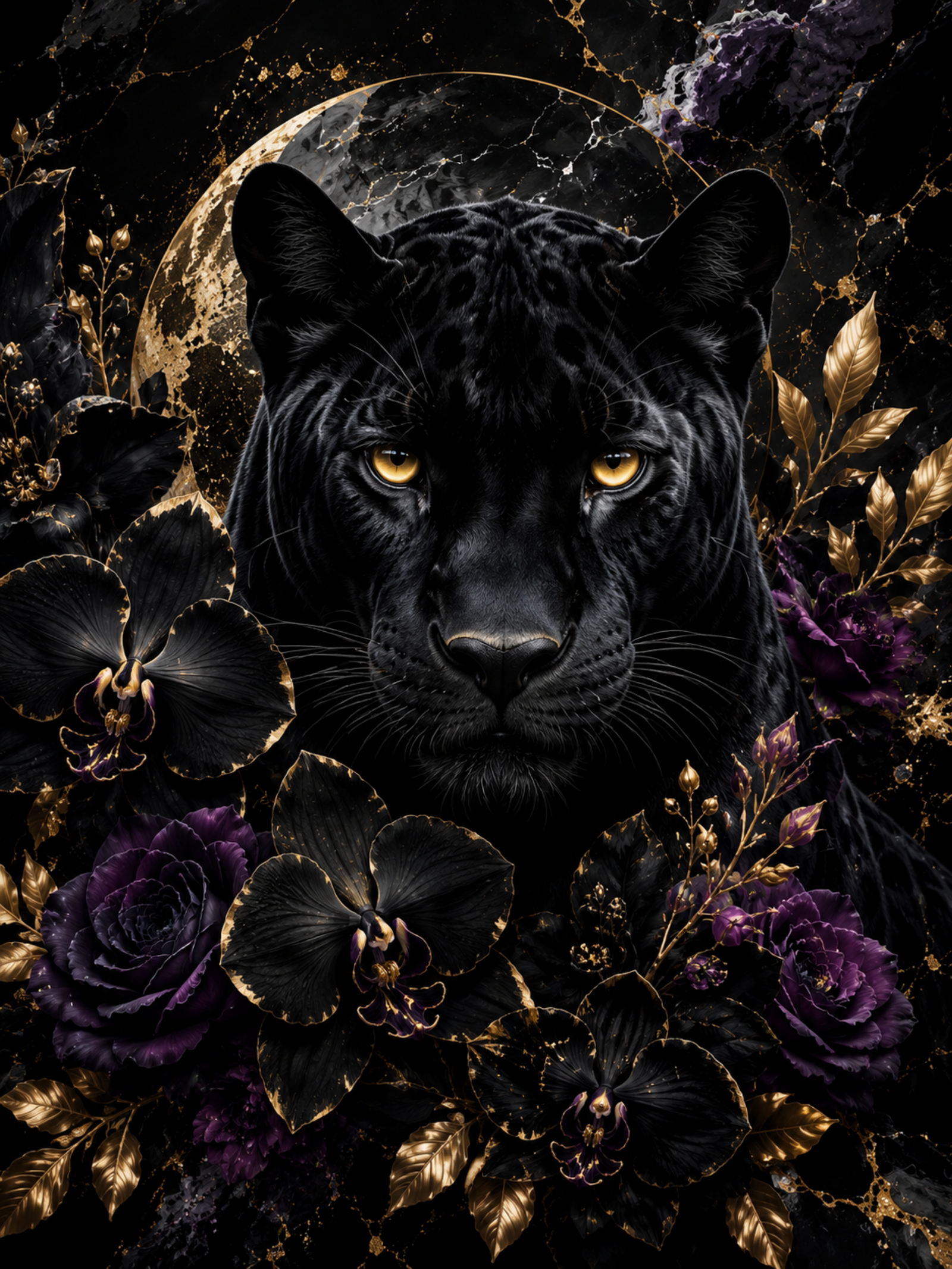 Black Panther & Purple Orchids Wall Art artwork preview