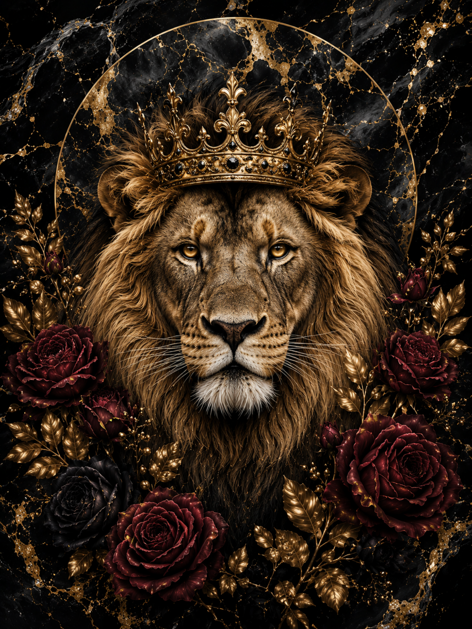 Crowned Lion & Roses Wall Art artwork preview