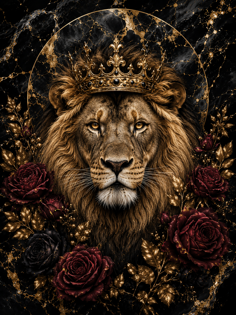 Crowned Lion & Roses Wall Art artwork preview