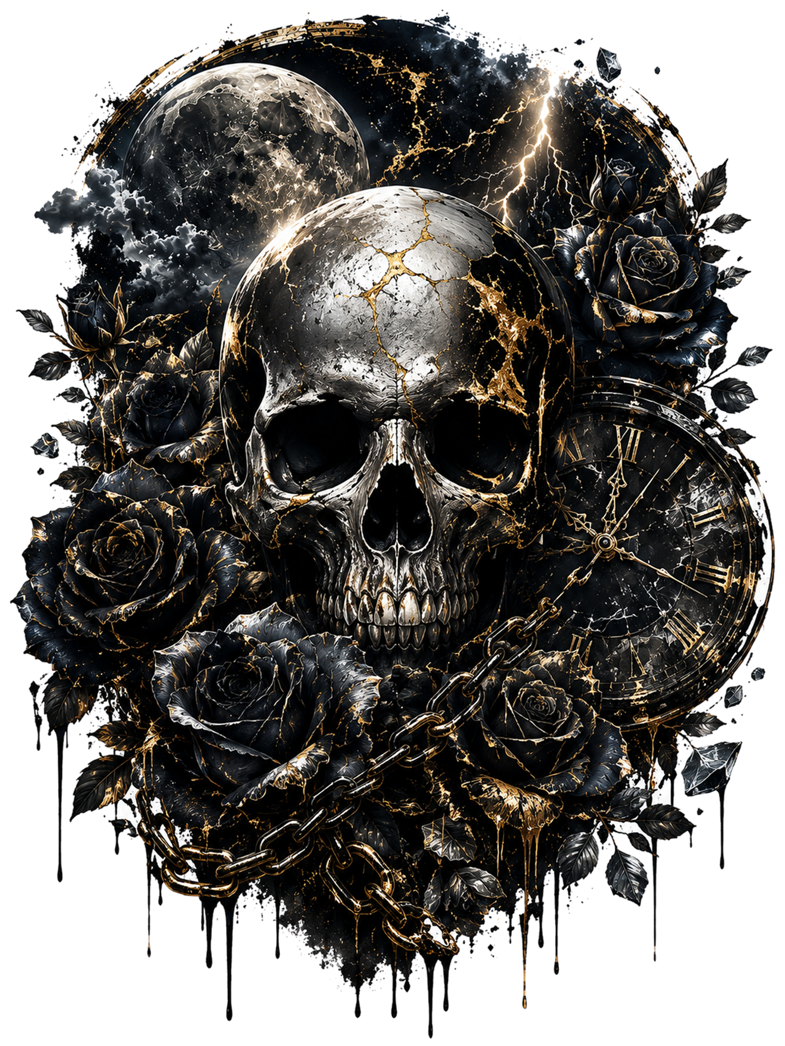 Skull, Clock & Roses Graphic Tee shirt artwork