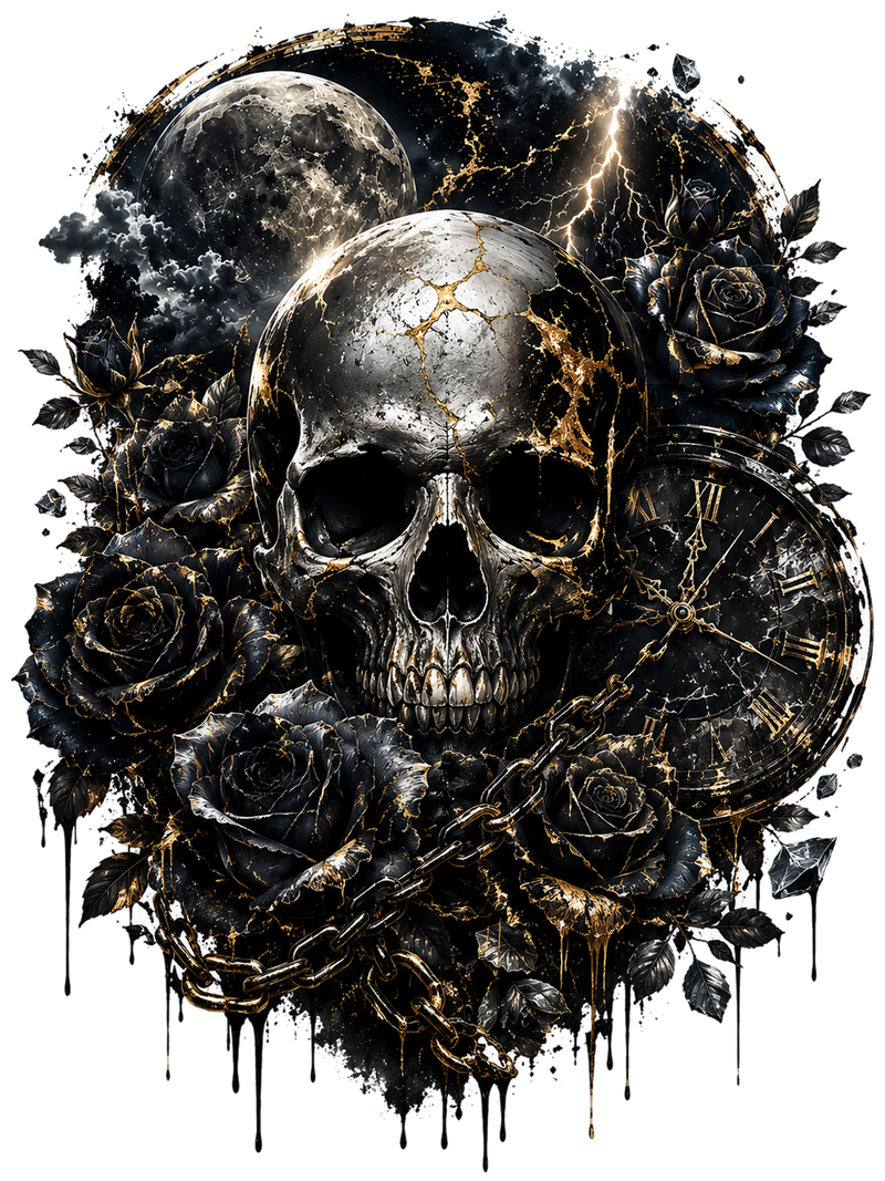 Skull, Clock & Roses Graphic Tee shirt artwork