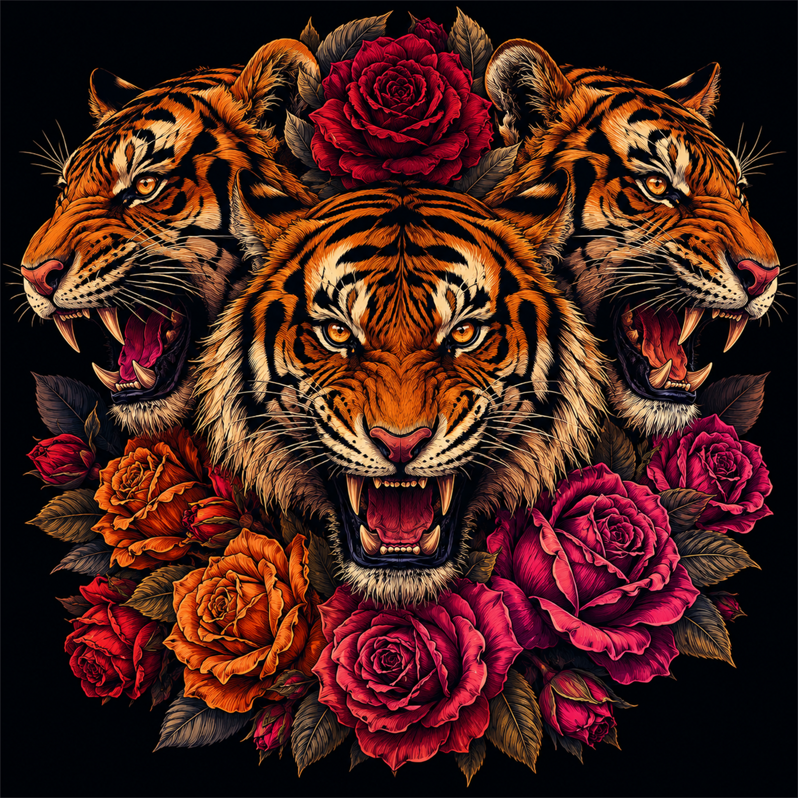 Tiger Trio & Roses Graphic Tee shirt artwork
