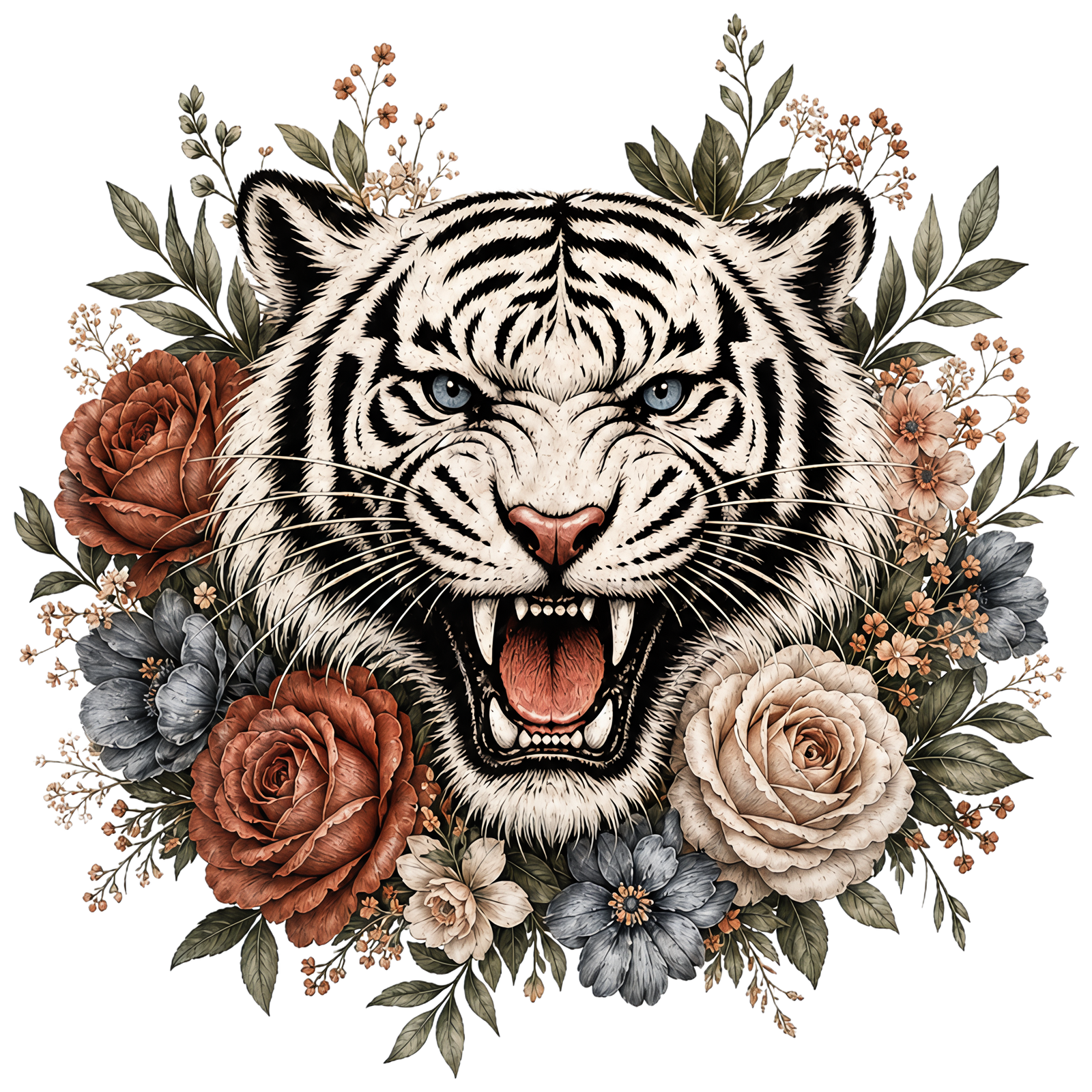 White Tiger Floral Graphic Tee shirt artwork
