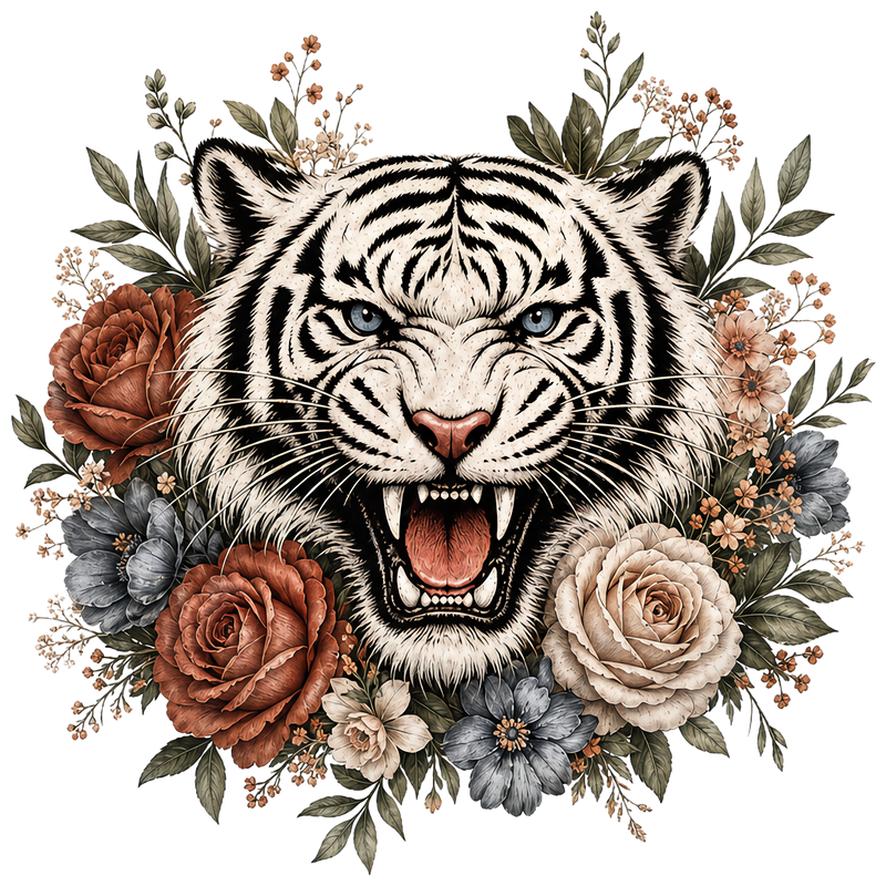 White Tiger Floral Graphic Tee shirt artwork