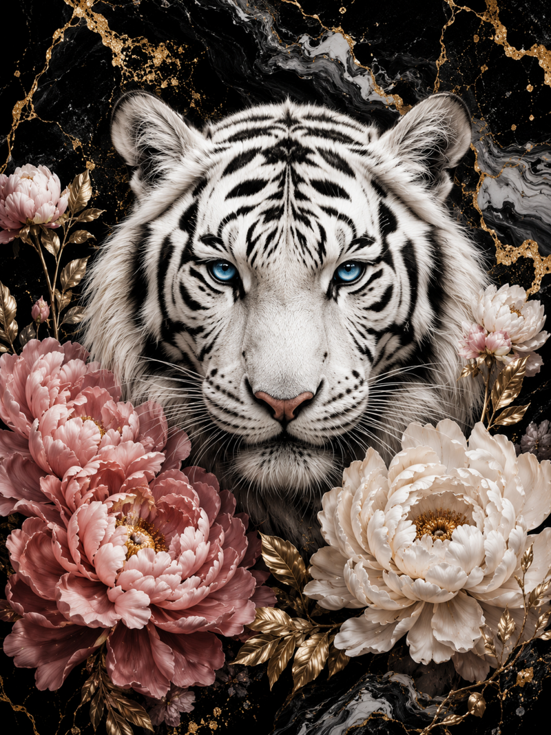 White Tiger & Blush Peonies Wall Art artwork preview